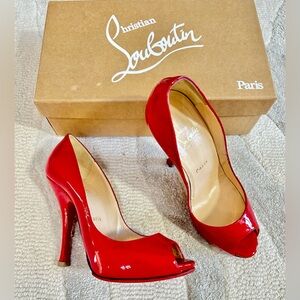 37.5 Christian Louboutin Red Patent Maryl Curvy Platform Peep Toe Heels 120 mm